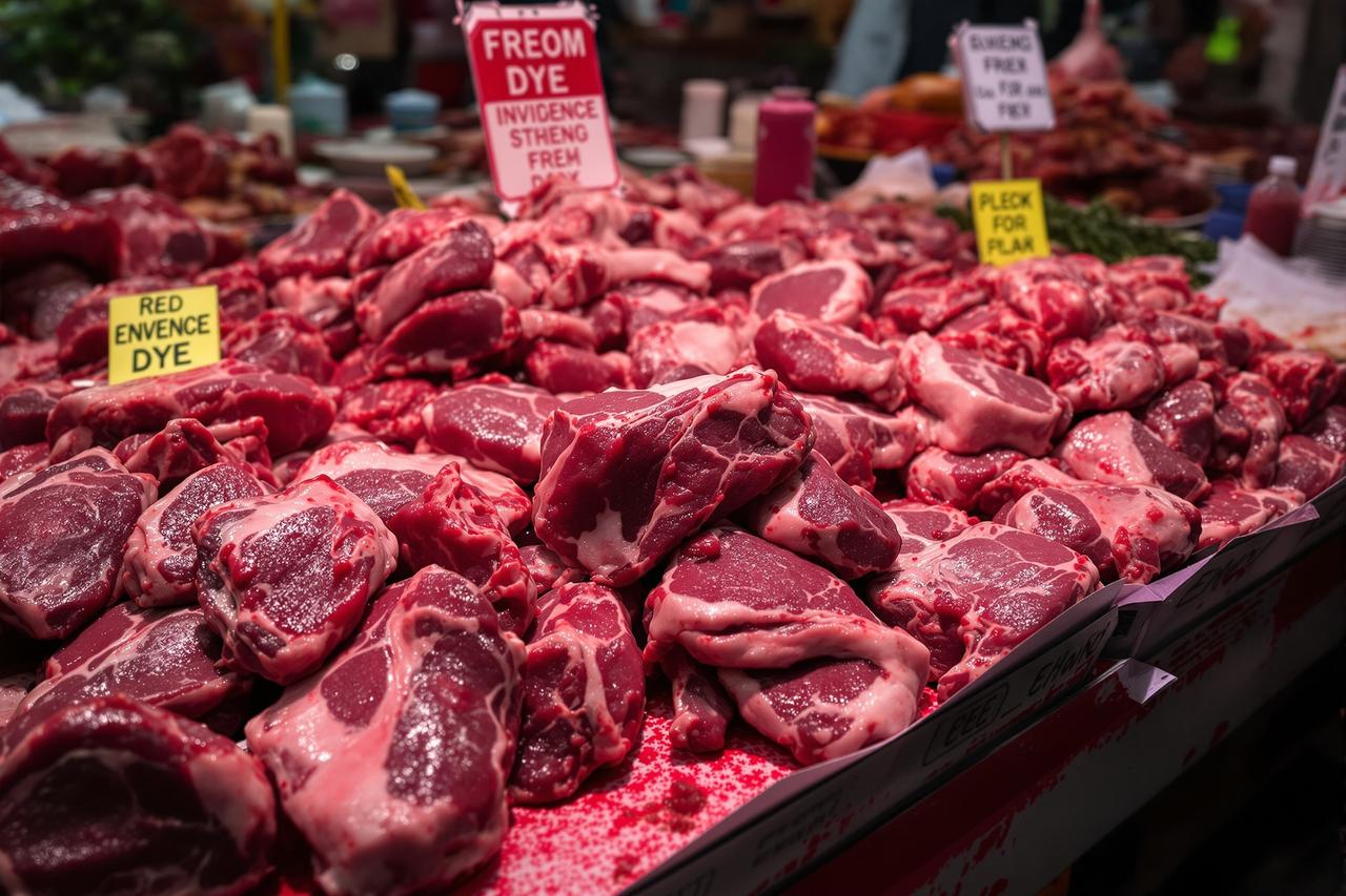网友实拍：某地农贸市场使用染色剂给过期肉品翻新